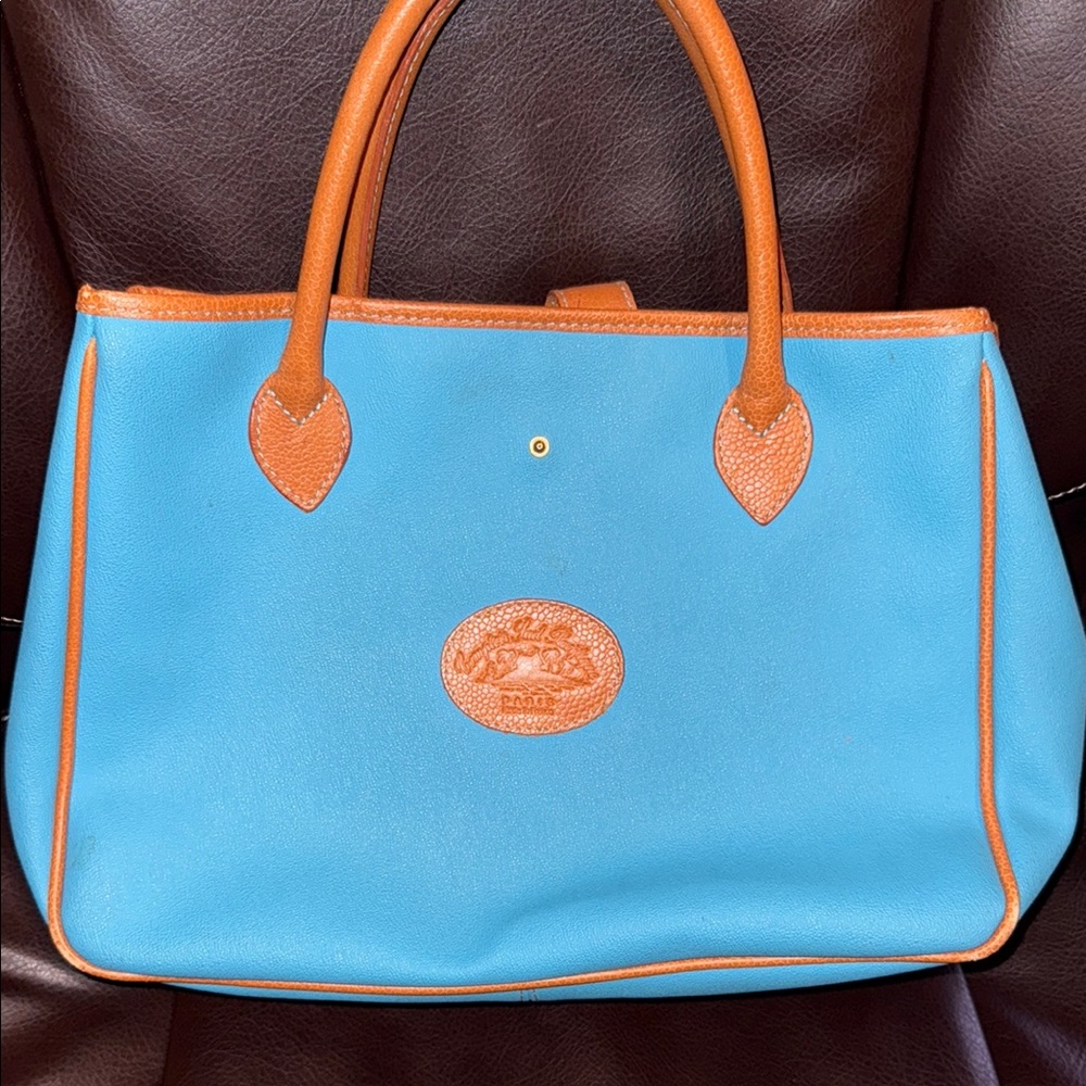 Vibrant Blue and Tan Tote Bag with Structured Shape and Leather Trim